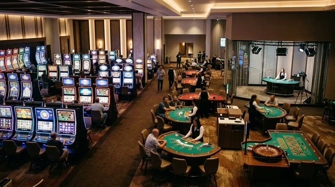 Illustratieve collage van slots, tafelspellen en een live dealer categorie zonder echte game-interface