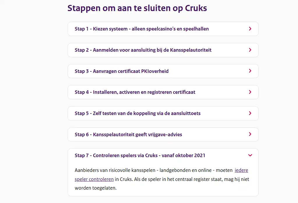 Kansspelautoriteit-pagina over aansluiting op Cruks