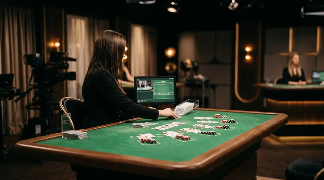 Illustratie van een neutrale live-dealer casinotafel zonder merklogo's