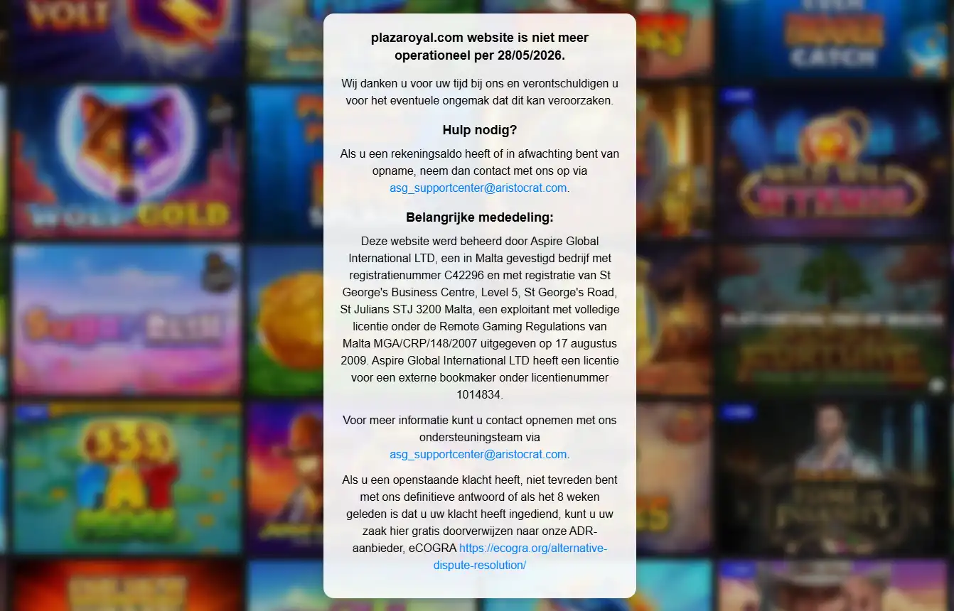 Schermafbeelding van de officiële Plaza Royal sluitingsmelding